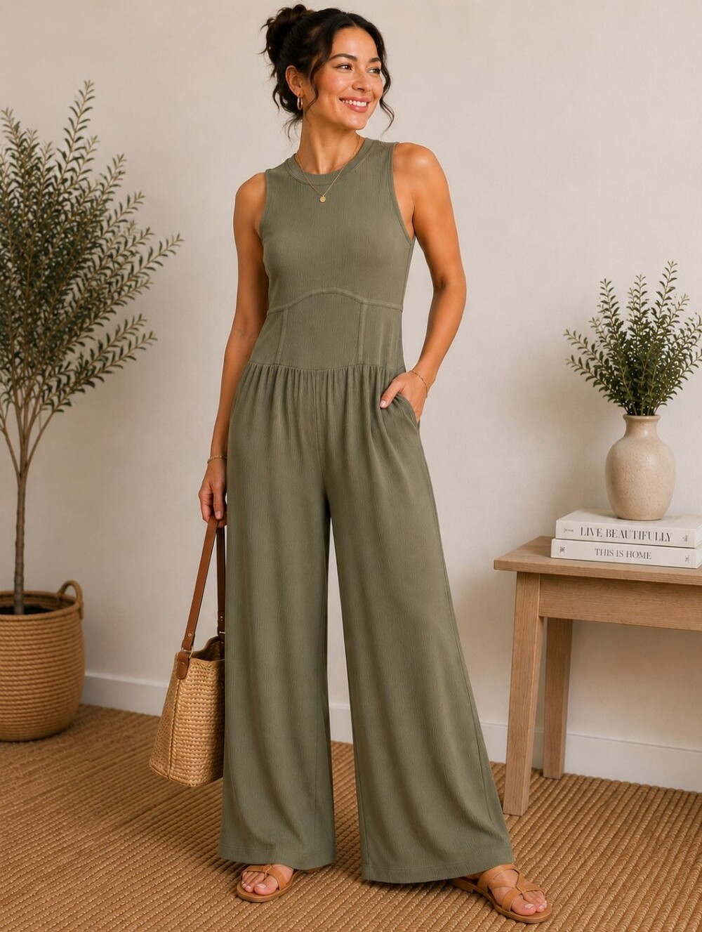 Cider Olive Green Ribbed Wide Leg Jumpsuit Large NWT A-304